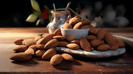 Almond nuts on wooden table. Almond in a ceramic bowl on a wooden background.の素材