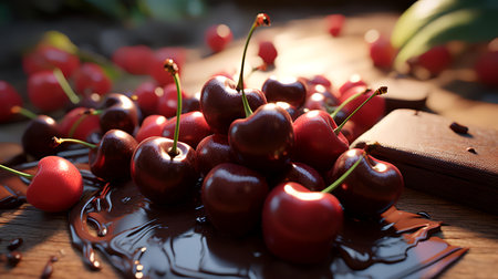 Cherries in chocolate on a wooden table, selective focus.の素材