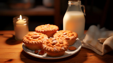 cookies with almonds and a bottle of milk on a wooden tableの素材
