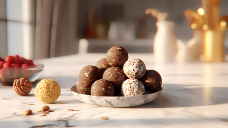 Plate with delicious chocolate candies on table in kitchen, closeupの素材