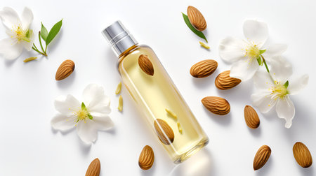 Bottle of almond oil with almonds and jasmine flowers on white backgroundの素材