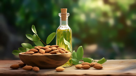 Almond oil in a glass bottle with fresh almonds and leaves on wooden tableの素材