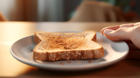 Woman eating tasty toast at table in cafe, closeup. Space for textの素材