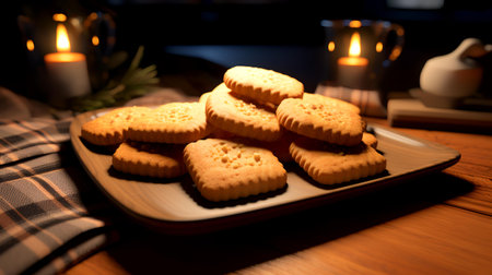 Cookies on a plate on a wooden table with a lit candleの素材