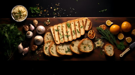 Garlic bread with herbs and spices on wooden board, top viewの素材