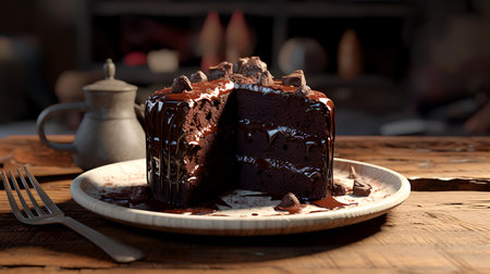 Chocolate cake with chocolate glaze on wooden table, selective focusの素材