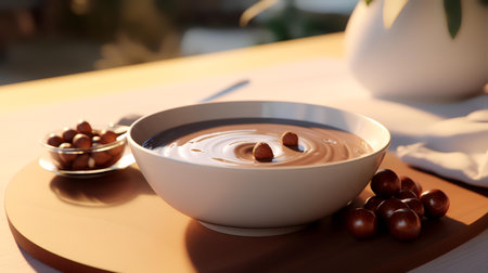 Bowl with tasty chocolate cream and nuts on table, closeupの素材