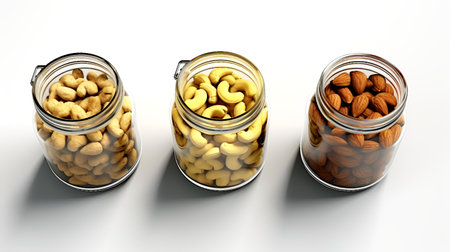 3d rendering of cashew nuts in glass jars on white backgroundの素材