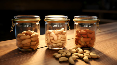 Three glass jars with peanuts and cashew nuts on a wooden tableの素材