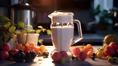 Milk in a jug on a wooden table with fresh fruits in the kitchenの素材