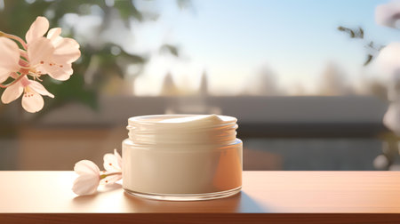 Jar of cream on table against blurred background. 3d render.の素材