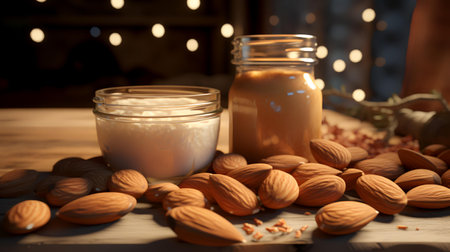 Almond milk in a glass jar with almonds on a wooden tableの素材