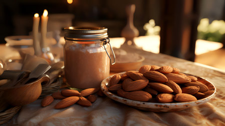 Almond milk in a glass jar with almonds on the table.の素材