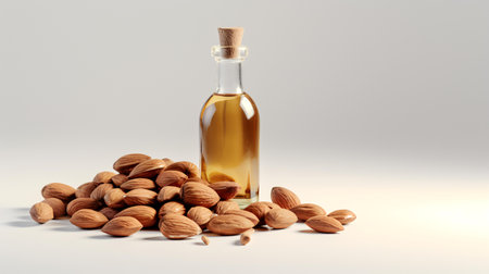 Almond oil in a glass bottle with almonds on a white backgroundの素材