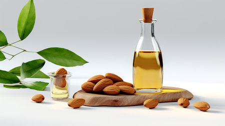 Almond oil in a glass bottle with almonds on a wooden boardの素材