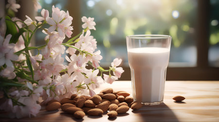 Glass of milk and almond nuts on wooden table with flowers on backgroundの素材