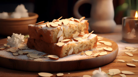 Tasty cake with almonds on wooden table, closeup. Delicious dessertの素材