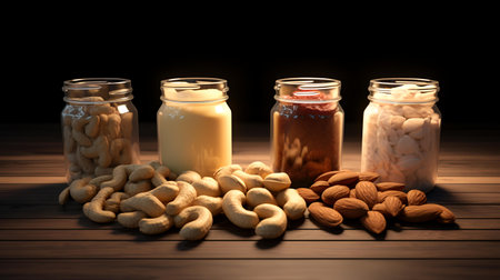 Almond milk with cashew nuts in glass jars on wooden backgroundの素材
