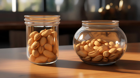 Two glass jars with pistachios on table in cafe, closeupの素材