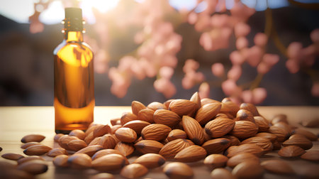 Almond oil in a glass bottle with almond nuts on a wooden tableの素材