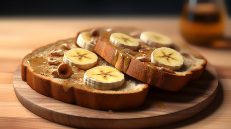 Delicious toast with banana and nuts on wooden table, closeupの素材