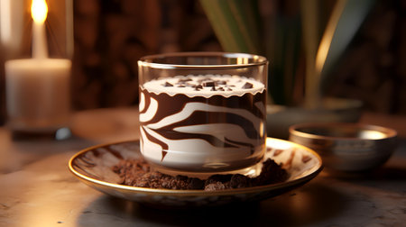 Chocolate Souffle in a glass on a wooden table.の素材