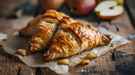 Homemade croissants with apples and cinnamon on a wooden backgroundの素材