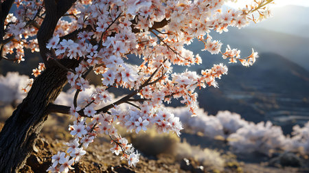 cherry blossom in the mountains at sunset. spring landscape.の素材