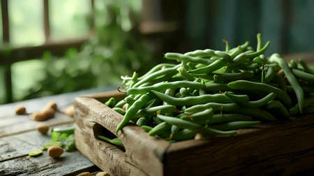 Fresh green beans in a wooden box on a rustic background.の素材