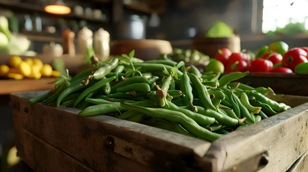 Fresh green beans in wooden box on counter in kitchen, closeupの素材
