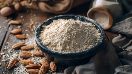 Almond flour in a blue bowl on a dark wooden background.の素材