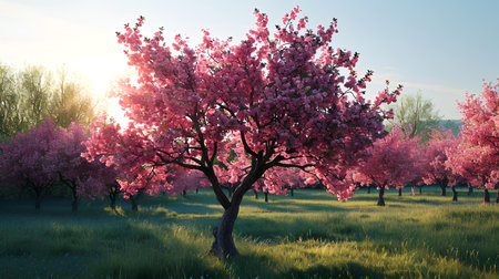 Pink cherry blossoms on a spring meadow in the rays of the setting sunの素材