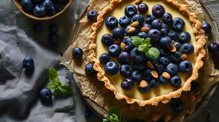 Delicious tart with blueberries and almonds on table, top viewの素材
