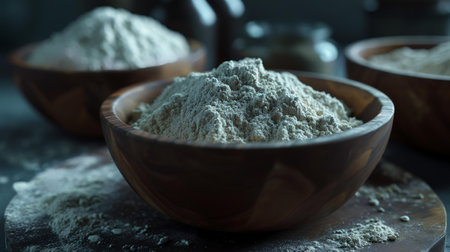 Bowls with different types of flour on dark background, closeupの素材