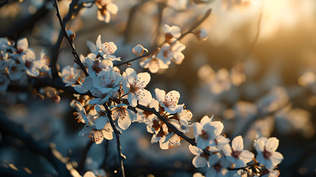 Beautiful blooming apricot tree branch in the rays of the setting sunの素材