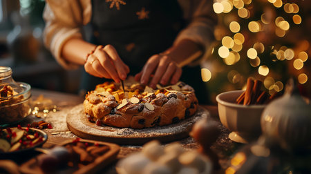 Cropped image of female hands decorating christmas cake with chocolate and nuts.の素材