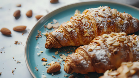 Tasty croissants with almonds on plate on table, closeupの素材