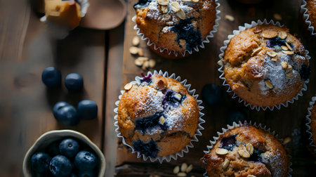 Homemade blueberry muffins on wooden background. Rustic style.の素材