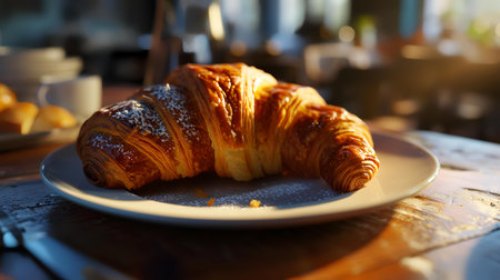 Breakfast with coffee and croissants in a basket on tableの素材