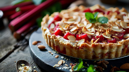 Homemade rhubarb tart with almonds and fresh mint leaves.の素材