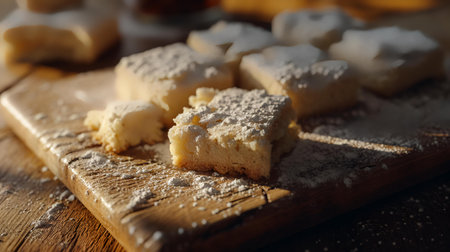 Butter cookies on a cutting board with flour on a wooden tableの素材