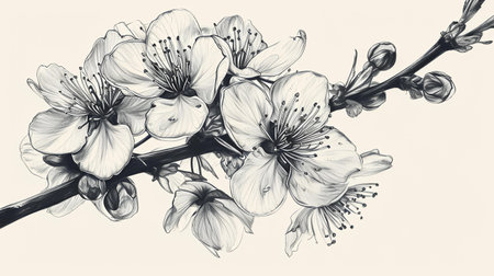 Cherry blossom branch in black and white. Vector illustration.の素材