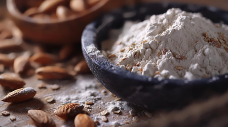 Almond flour in a bowl on a wooden table, selective focusの素材