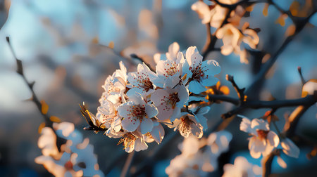 Apricot flowers on a tree branch in the rays of the setting sunの素材