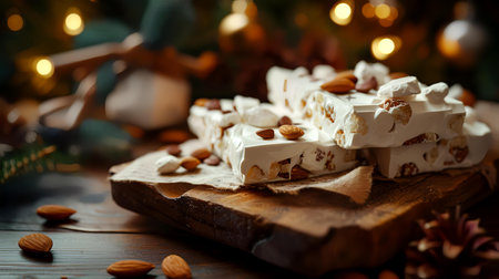 Christmas nougat with almonds and cinnamon on a wooden background.の素材