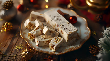 Christmas nougat with nuts and cinnamon on a wooden background.の素材