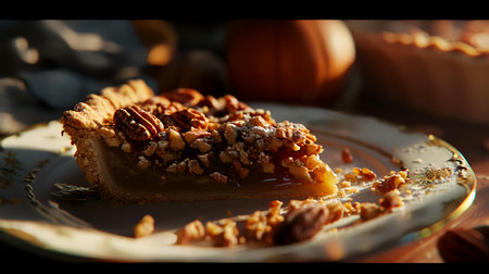 Pecan pie with nuts on a plate. Selective focus.の素材