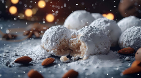 Christmas cookies with icing sugar on dark background with bokeh lightsの素材