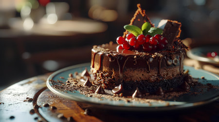 Chocolate cake with red currant and chocolate syrup on a dark backgroundの素材