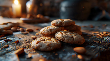 Homemade oat cookies with almonds on a dark background, selective focusの素材